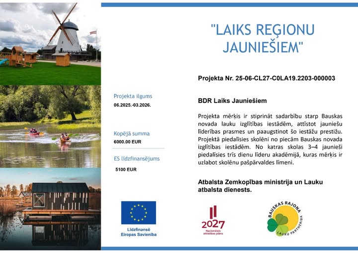 May be an image of windmill and text that says '"LAIKS REGIONU JAUNIEŠIEM" Projekta ilgums 06.2025.-03.2026. 06.2025.- Projekta Nr. 25-6-CL27-COLA19.2203-00003 BDR Laiks Jauniešiem Kopejã summa 6000.00 EUR ES lidzfinanséjums Projekta merkis ir stiprinät sadarbibu starp Bauskas novada lauku izglitibas iestädem, attistot jauniešu lderibas prasmes un paaugstinot šo iestăžu prestižu. Projekta piedalisies skoleni piecăm Bauskas novada izglitibas iestädém. No katras skolas 3-4 jaunieši piedalisies tris dienu lideru akademijã, kuras merkis ir uzlabot skolenu pašpärvaldes limeni. 5100 EUR Atbalsta Zemkopibas ministrija un Lauku atbalsta dienests. Lidzfinansẽ Eiropas Savieniba 2027 Nacienal Nackoca Nacionalais 长 RUSKAS RAJONA LAUKU អូ្'