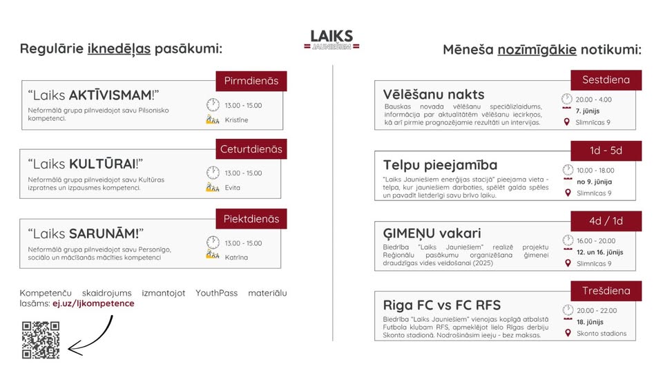 May be a graphic of text that says 'Regulãrie iknedelas pasäkumi: LAIKS люuaHa "Laiks AKTIVISMAM!" Neformola grupa| pilnveidojot savu Pilsonisko kompetenci. Pirmdienăs 13.00 ሻሰላ Kristine Meneša nozimigäkie notikumi: Vélešanu nakts novada aktualitätém rezultati "Laiks KULTÜRAI!" pilnveidojat zpausmes kompetenci, pirmic Sestdiena Ceturtdienăs 13.00- 15.00 intervijas. 20.00 4.00 .jönijs Slimnicas đat Evita "Laiks SARUNÃM!" Neformala grupa pilnveidojor Telpu pieejamiba ereraljas telpa, jouniesiem pavadit lietder NAVU brivo Piektdienăs Personigo. 10.00 18.00 13.00 15.00 ق Katrina 09.jonija Slimnicas Kompetenču skaidrojums izmantojot lasăms: ej.uz/ijkompetence GIMENU vakari BiecirTba "Laiks Jauniesiem" pasakumu YouthPass realize materiălu projektu dimenei 16.00 20.00 (2025) jünijs Slimnicas Riga FC RFS Biecribo "Laiks auniešiem" vienojas Trešdiena otbalstă 20.00 22.00 jönijs'