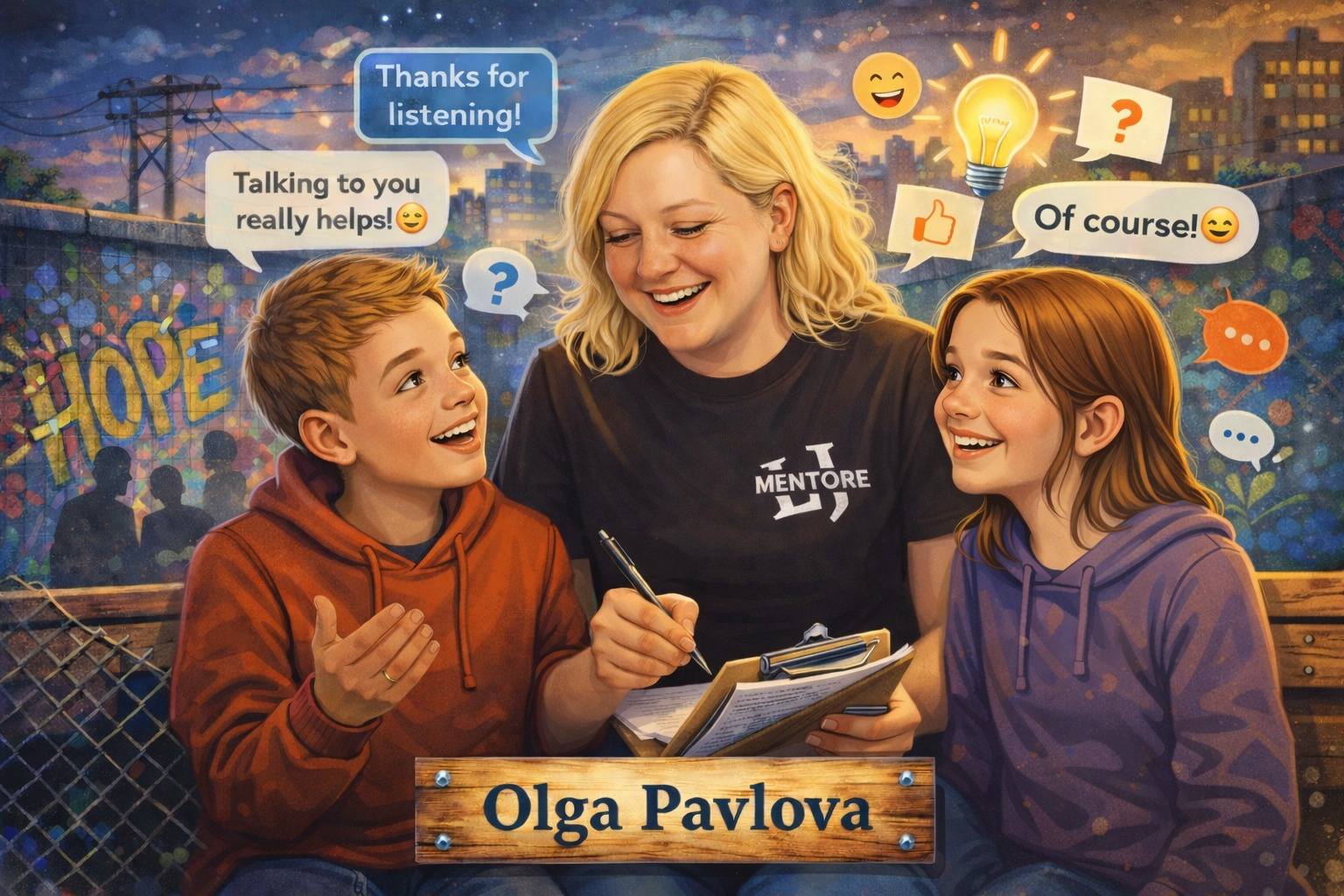 May be an image of text that says 'Thanks for listening! Talking to you really helps! ? ? Of course! HOPE MENTORE MENTORE MENT Olga Pavlova'