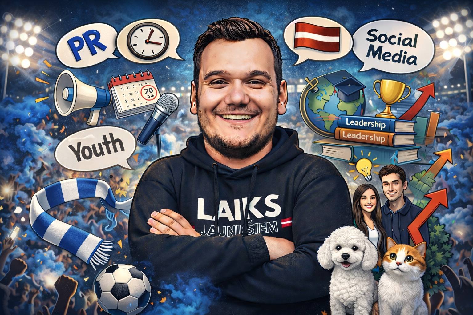 May be a Twitter screenshot of poster, banner, magazine, screen and text that says 'PR 1111 L76 20 ១០ Social Media Youth Leadership Leadership LAIKS JA JAUNITŠIEM JAUNIE JNIE ŚIEM'