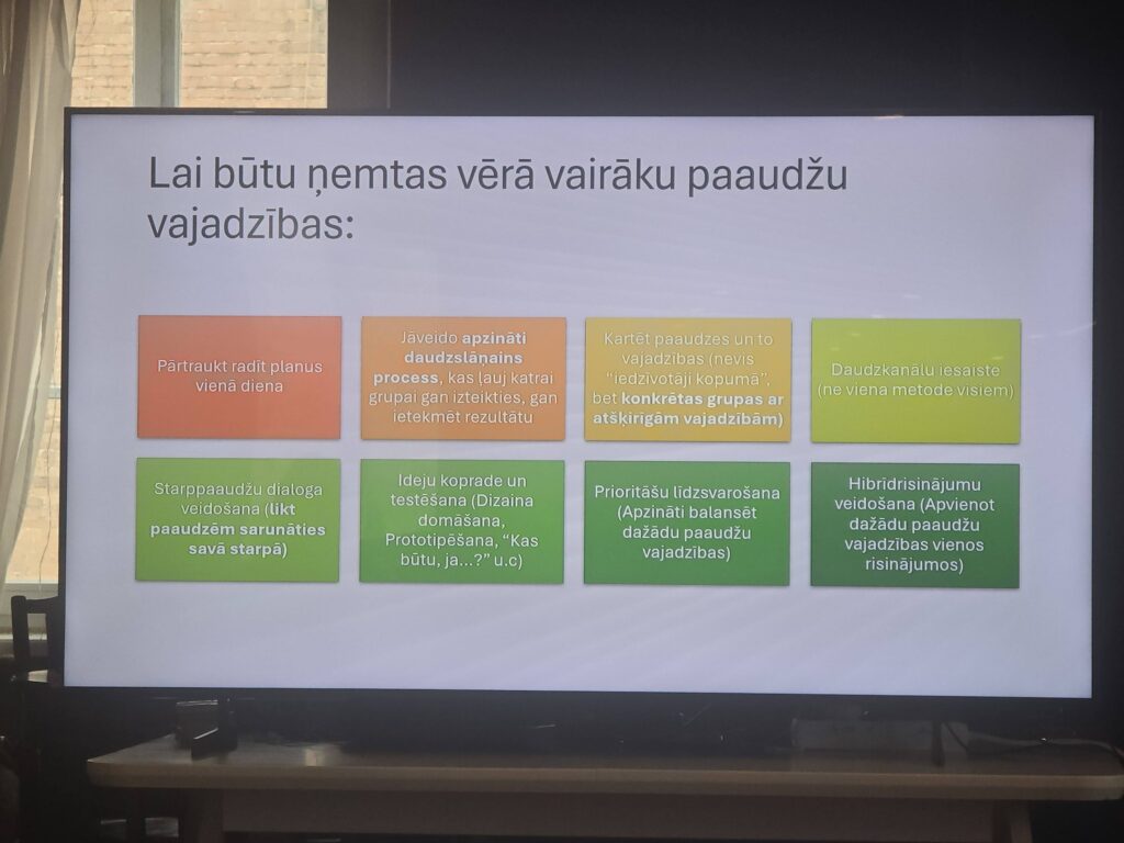 May be an image of television and text that says 'Lai butu nemtas verã vairaku paaudžu vajadzibas: Partraukt Partrauktraditplanus radit planus viena diena Jávcido Jávcidoapzinati apzinati daudzslänains process, katrai grupai izteikties, หลก ictekmet rezultatu Kartet paaudzesun Kertetpaaudzesunto to vajadzibasinovis "iedzivotaji cdzivotäjikopuma" bet konkretas grupas etkonkretasgrupas ar atskirigámvajadzibăm) vajadzibăm) atškirigam Daudzkanälu iosaiste (nevienamotodevisiem) viena (ne metode metodevisiem visier) Starppaaudžudialoga dialoga veidošana| ilikt paaudzém paaudzémsarunaties sarunaties sava starpa) Ideju koprade un testešana (Dizaina domäšana, Prototipõšana," "Kas butu, butu,ja...?"u.c) Prioritašu| lidzsvarošana (Apzinati (Apzinätibalanset balanset dažadu paaudžu vajadzibas) Hibridrisinäjumu veidosana (Apvienot dažädu paaudžu vajadzibas vienos risinäjumos)'